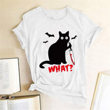 将图片加载到图库查看器,Black Cat What Tshirt Murderous Cat Knife Women Funny T Shirt Short Sleeve Halloween Tops Tees Femme Camisetas Verano Mujer 2019