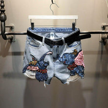 将图片加载到图库查看器,Women Shorts Woman Denim Shorts Cartoon Print Leg-openings Plus Size Ripped Sequins High Waist Short Pants Pockets 2020 New