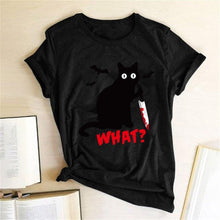 将图片加载到图库查看器,Black Cat What Tshirt Murderous Cat Knife Women Funny T Shirt Short Sleeve Halloween Tops Tees Femme Camisetas Verano Mujer 2019