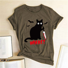 将图片加载到图库查看器,Black Cat What Tshirt Murderous Cat Knife Women Funny T Shirt Short Sleeve Halloween Tops Tees Femme Camisetas Verano Mujer 2019