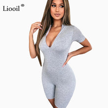 将图片加载到图库查看器，Liooil Black Gray Bodycon Playsuit Women Wear On Both Sides Sexy Jumpsuit Autumn 2020 Zip Up Party Club Romper Jumpsuits Shorts
