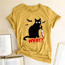 将图片加载到图库查看器，Black Cat What Tshirt Murderous Cat Knife Women Funny T Shirt Short Sleeve Halloween Tops Tees Femme Camisetas Verano Mujer 2019
