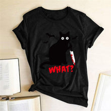 将图片加载到图库查看器，Black Cat What Tshirt Murderous Cat Knife Women Funny T Shirt Short Sleeve Halloween Tops Tees Femme Camisetas Verano Mujer 2019
