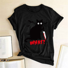 将图片加载到图库查看器，Black Cat What Tshirt Murderous Cat Knife Women Funny T Shirt Short Sleeve Halloween Tops Tees Femme Camisetas Verano Mujer 2019
