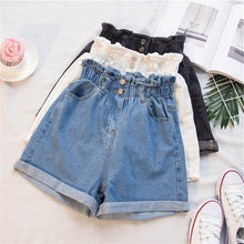 将图片加载到图库查看器，Plus Size Summer Black Women's Denim Shorts Large Size 5Xl Harem Ruffle White High Waisted Shorts Elastic Waist Jeans for Women
