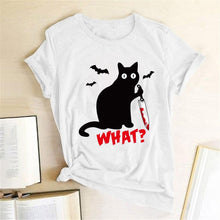将图片加载到图库查看器，Black Cat What Tshirt Murderous Cat Knife Women Funny T Shirt Short Sleeve Halloween Tops Tees Femme Camisetas Verano Mujer 2019
