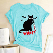 将图片加载到图库查看器，Black Cat What Tshirt Murderous Cat Knife Women Funny T Shirt Short Sleeve Halloween Tops Tees Femme Camisetas Verano Mujer 2019
