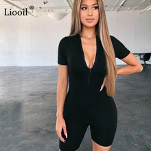 将图片加载到图库查看器，Liooil Black Gray Bodycon Playsuit Women Wear On Both Sides Sexy Jumpsuit Autumn 2020 Zip Up Party Club Romper Jumpsuits Shorts
