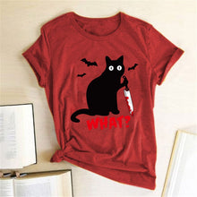 将图片加载到图库查看器，Black Cat What Tshirt Murderous Cat Knife Women Funny T Shirt Short Sleeve Halloween Tops Tees Femme Camisetas Verano Mujer 2019
