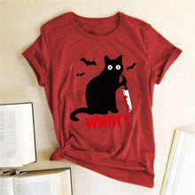 将图片加载到图库查看器，Black Cat What Tshirt Murderous Cat Knife Women Funny T Shirt Short Sleeve Halloween Tops Tees Femme Camisetas Verano Mujer 2019
