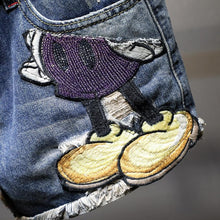 将图片加载到图库查看器，Women Shorts Woman Denim Shorts Cartoon Print Leg-openings Plus Size Ripped Sequins High Waist Short Pants Pockets 2020 New
