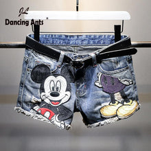 将图片加载到图库查看器，Women Shorts Woman Denim Shorts Cartoon Print Leg-openings Plus Size Ripped Sequins High Waist Short Pants Pockets 2020 New
