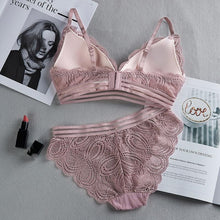 将图片加载到图库查看器，Women Sexy No Steel Ring Wire Free Bra Lace Floral Briefs Underwear Triangle Cup Bra Set
