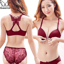 将图片加载到图库查看器，Queenral Front Closed Push Up Brassiere Panties Sexy Underwire Bra Set For Women Underwear Solid Color Female Lingerie Briefs
