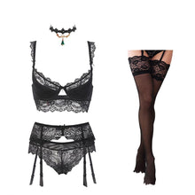将图片加载到图库查看器，Varsbaby sexy lace push up bra sets bra+panties+garter+stockings+necklace Christmas 5 Pcs/Lots

