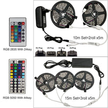 将图片加载到图库查看器，LED Strip Light RGB 5050 SMD 2835 Flexible Ribbon fita led light strip RGB 5M 10M 15M Tape Diode DC 12V+ Remote Control +Adapter
