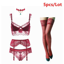 将图片加载到图库查看器，Varsbaby sexy lace push up bra sets bra+panties+garter+stockings+necklace Christmas 5 Pcs/Lots

