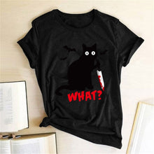 将图片加载到图库查看器，Black Cat What Tshirt Murderous Cat Knife Women Funny T Shirt Short Sleeve Halloween Tops Tees Femme Camisetas Verano Mujer 2019
