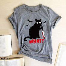 将图片加载到图库查看器，Black Cat What Tshirt Murderous Cat Knife Women Funny T Shirt Short Sleeve Halloween Tops Tees Femme Camisetas Verano Mujer 2019
