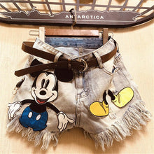 将图片加载到图库查看器，Women Shorts Woman Denim Shorts Cartoon Print Leg-openings Plus Size Ripped Sequins High Waist Short Pants Pockets 2020 New

