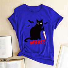 将图片加载到图库查看器，Black Cat What Tshirt Murderous Cat Knife Women Funny T Shirt Short Sleeve Halloween Tops Tees Femme Camisetas Verano Mujer 2019
