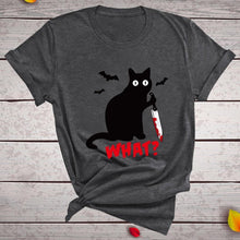 将图片加载到图库查看器，Black Cat What Tshirt Murderous Cat Knife Women Funny T Shirt Short Sleeve Halloween Tops Tees Femme Camisetas Verano Mujer 2019
