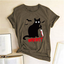 将图片加载到图库查看器，Black Cat What Tshirt Murderous Cat Knife Women Funny T Shirt Short Sleeve Halloween Tops Tees Femme Camisetas Verano Mujer 2019
